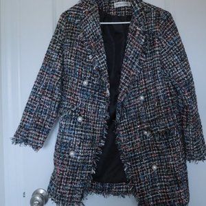 Chic Tweed Blazer Coat with Pearl Buttons